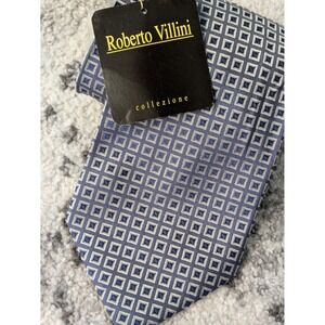 NWT‎ Roberto Villini Men 100% Silk Necktie Geometric Square Blue Gray
